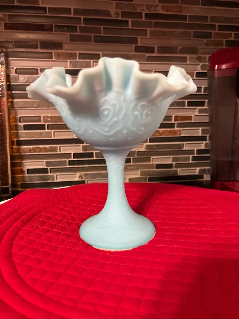 Vintage Baby Blue Glass Ruffled Compote Bowl Candy Dish